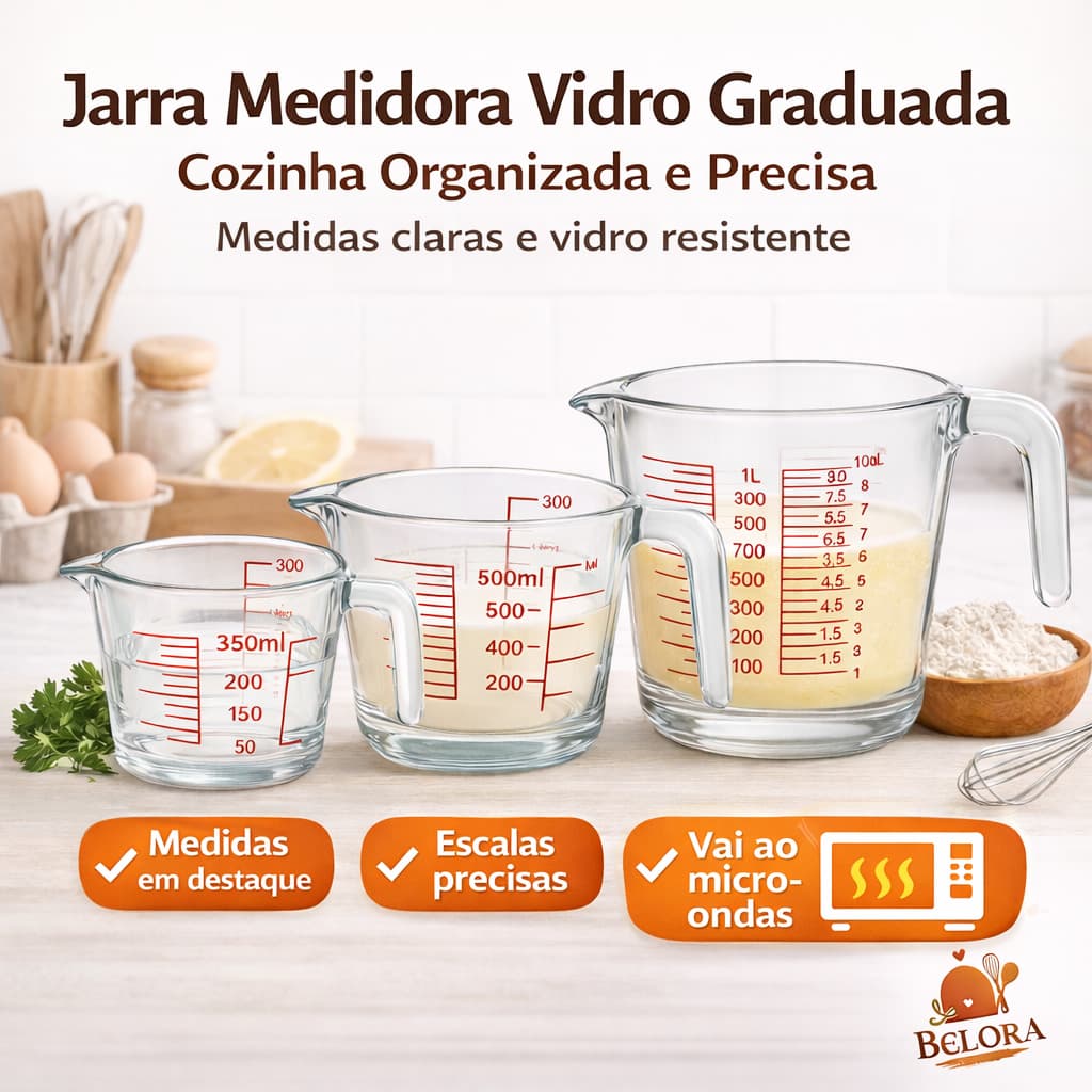 Jarra Medidora Vidro Graduada Cozinha Organizada e Precisa Opção 350ml 500ml 1000ml