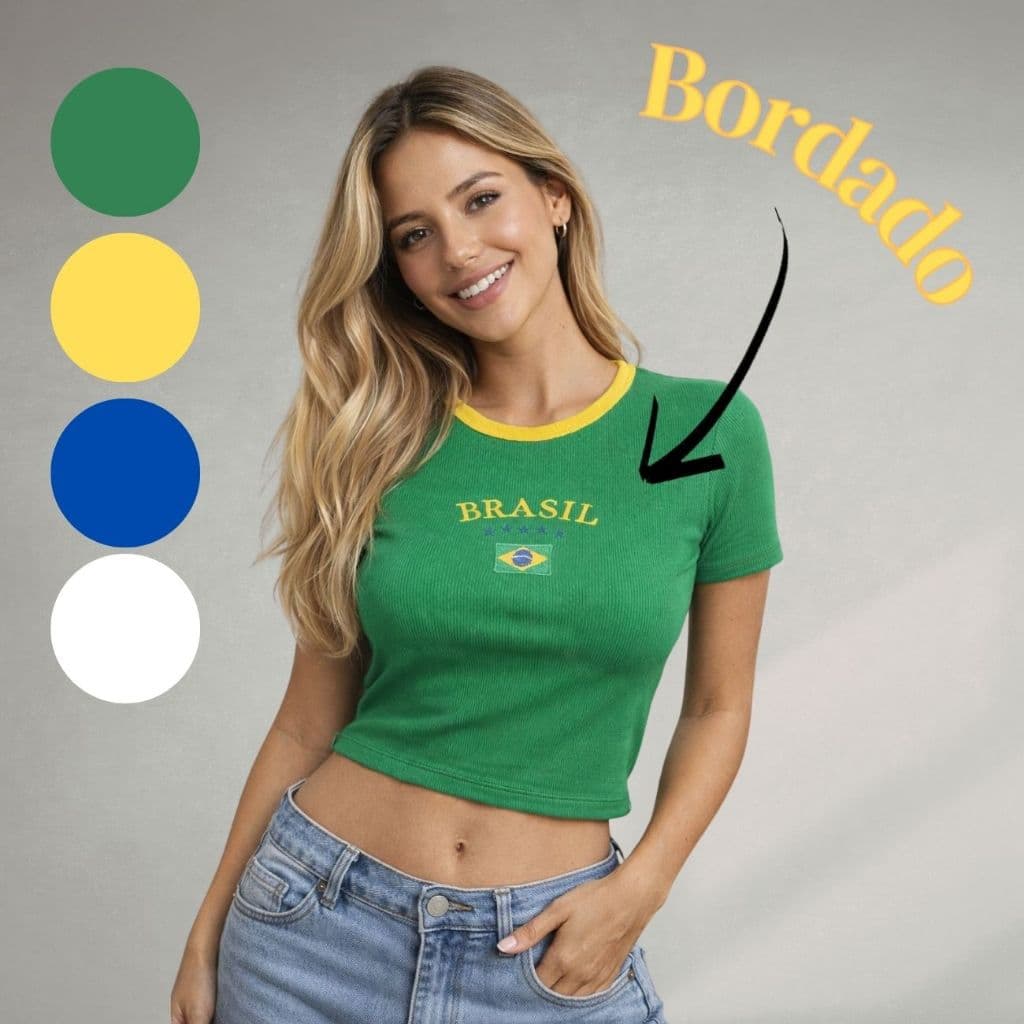 Blusa Feminina Eleição Cropped Seleção Brasil Canelada Ribana Bordada Patriota