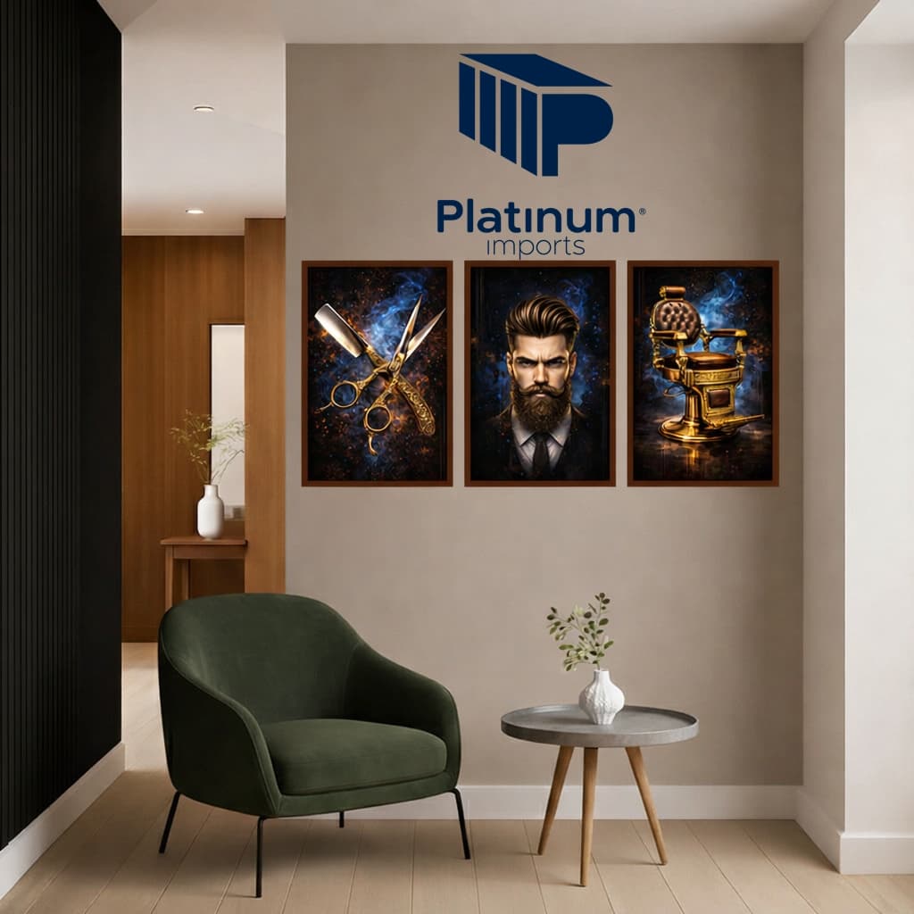 Kit 3 Quadros Decorativos para Barbearia Tema Corte Masculino Navalha Barbeiro Luxo Vintage Retrô Decoração Parede Sala