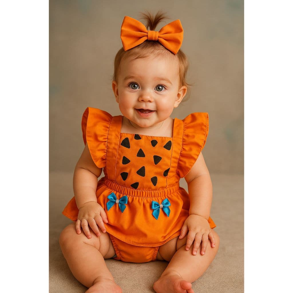 Romper/ Vestido Estilo Jardineira Pedrita Laranja. Body Mesversário Pedrita Menina Temático Meninas