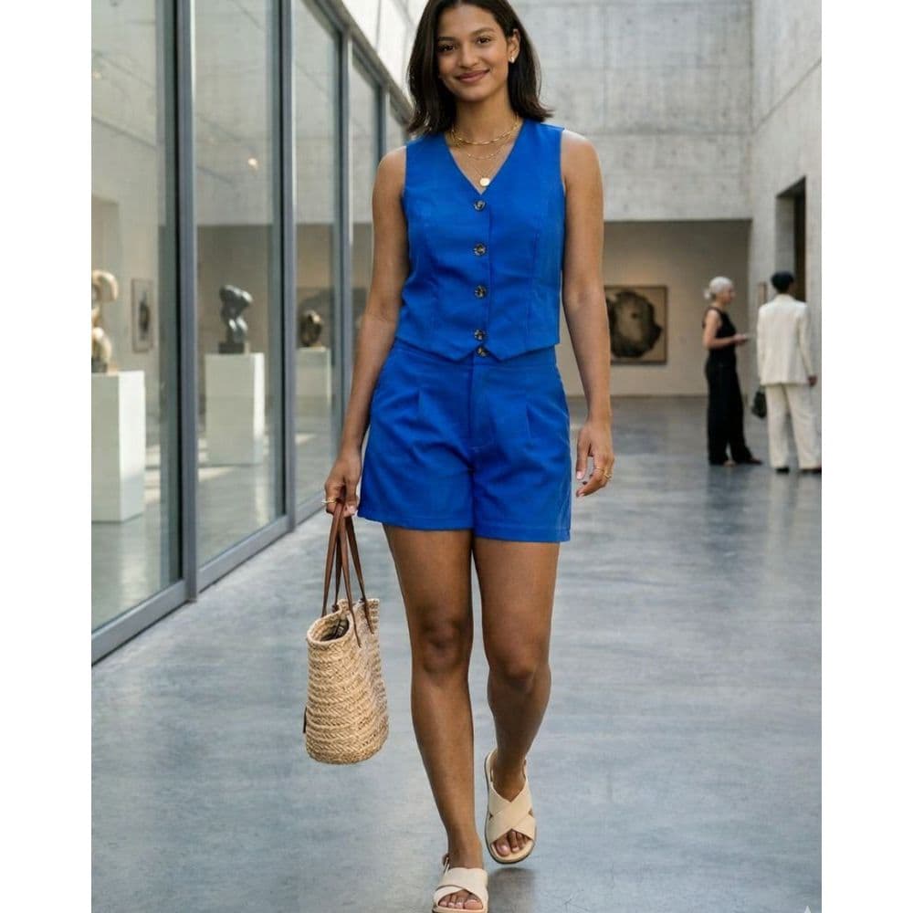Conjunto Feminino Alfaiataria – Colete com Botões e Short Social