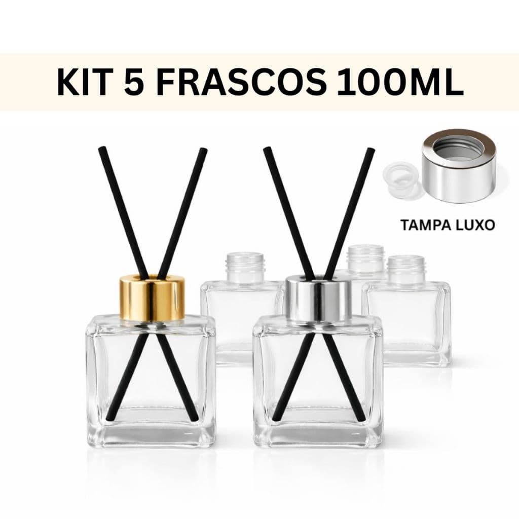 Kit 5 Frasco de Vidro para Aromatizador de Ambiente Cubo 100ml - Tampa Luxo - Varetas - Decoração