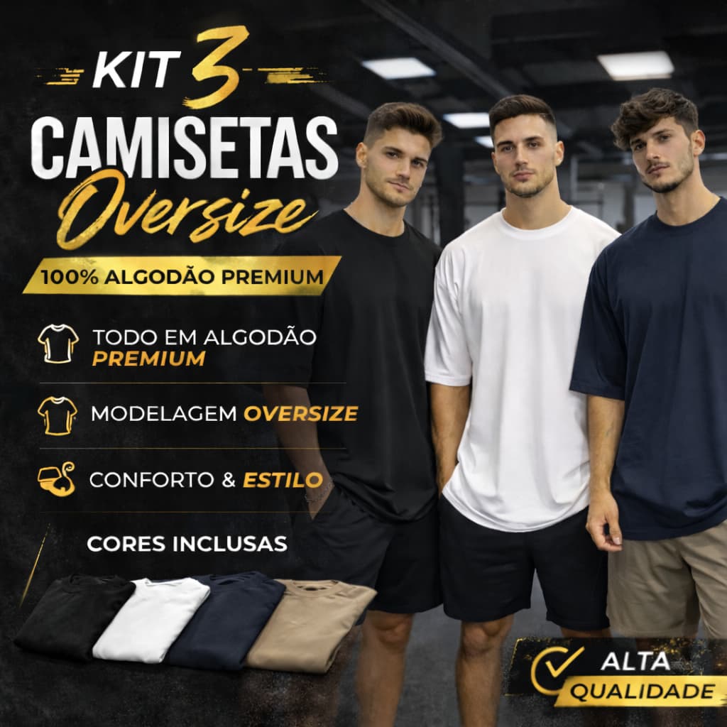 Kit 3 Camisetas Oversized Masculina Algodão Casual