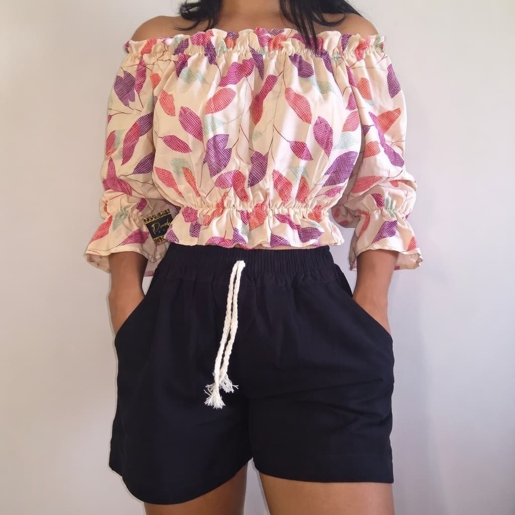 Blusa Cropped Ciganinha Estampada| Manga Longa com Elástico | Floral Tropical | Moda Verão