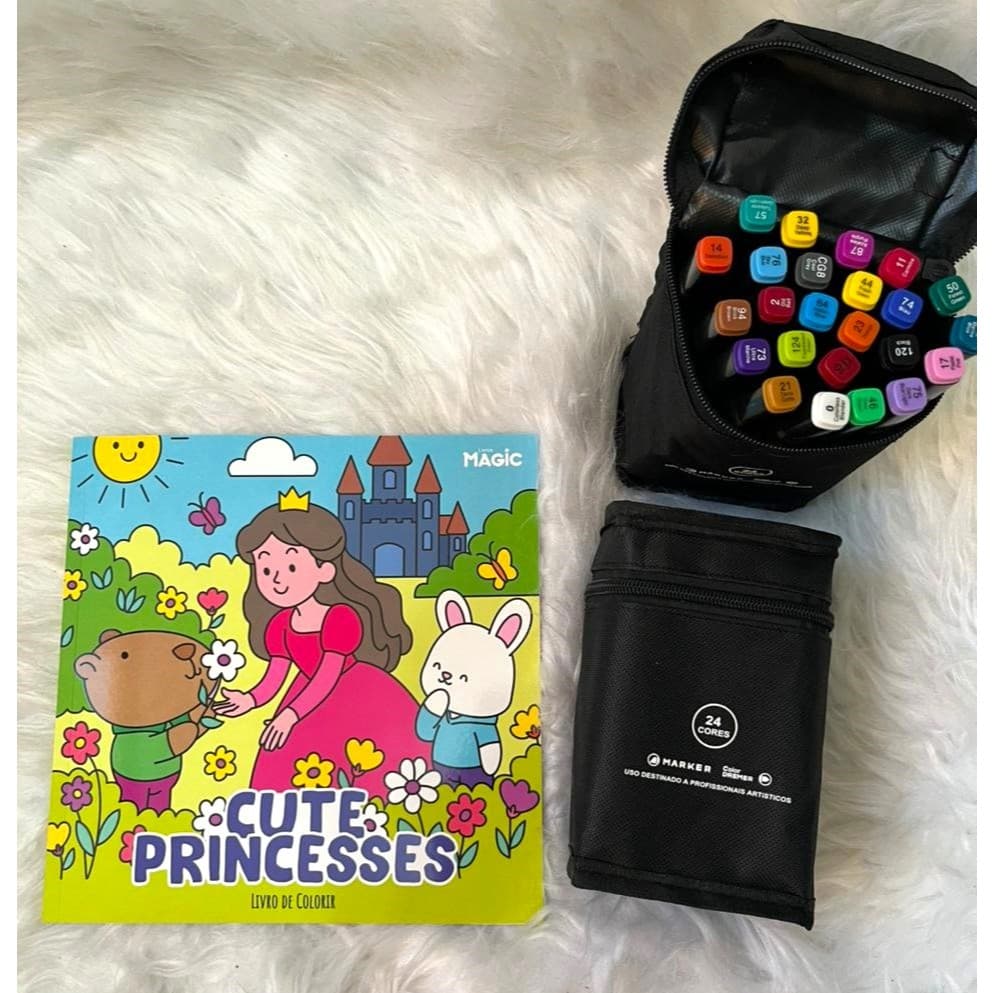 Kit Colorir Infantil 24 Cores + 2 Cadernos Desenho Presente Criativo