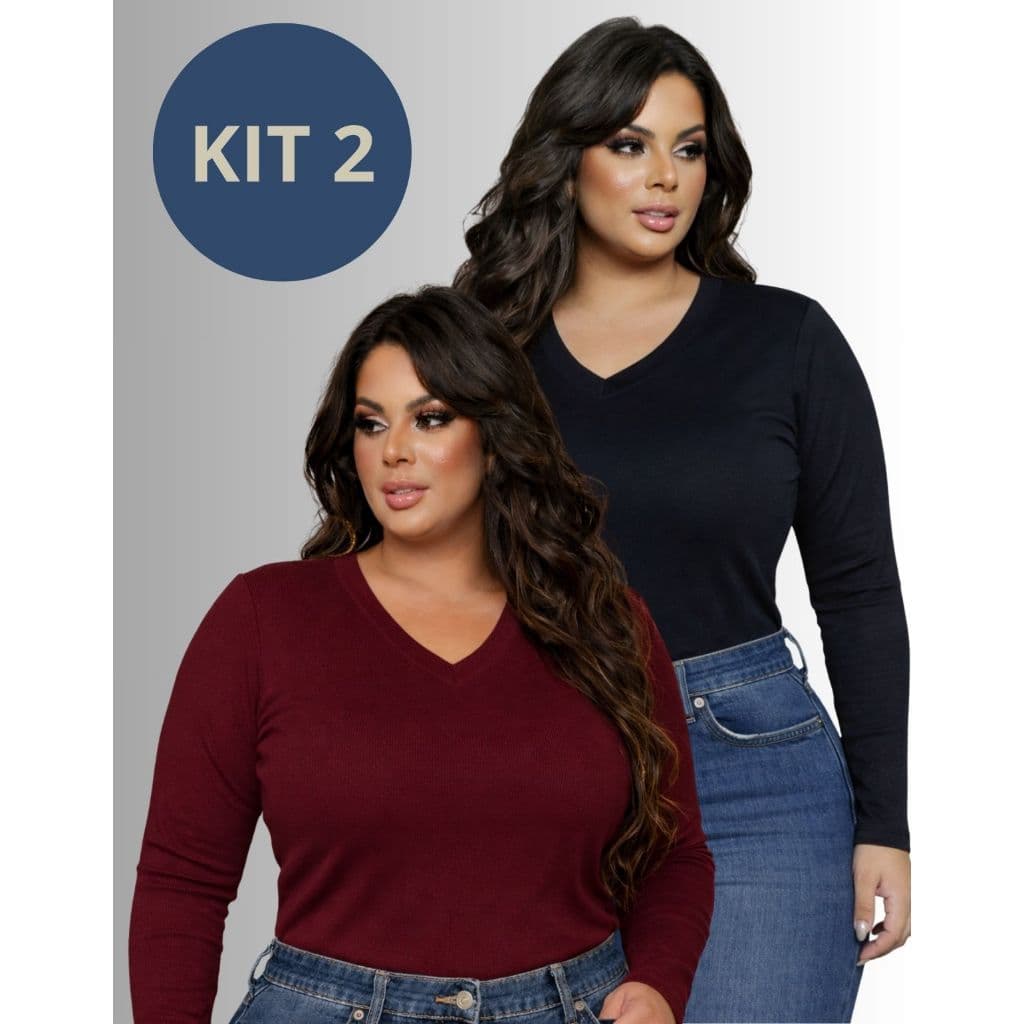 KIT 2 Blusa Plus Size Manga Longa Sueter Gola V Frio Termica Segunda Pele até G4