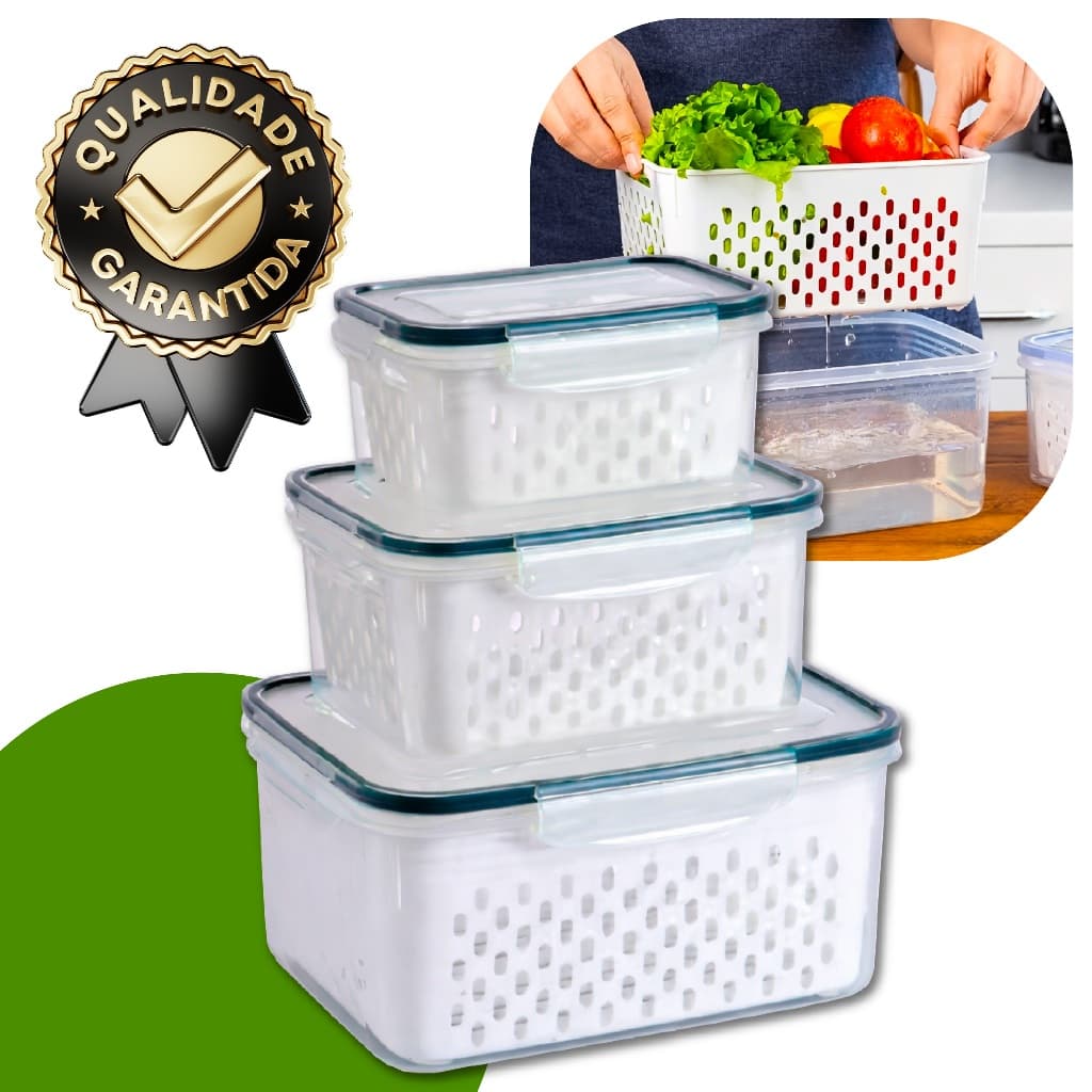 Kit 3 Potes Herméticos Com Escorredor Cesto Organizador De Geladeira Linha Premium