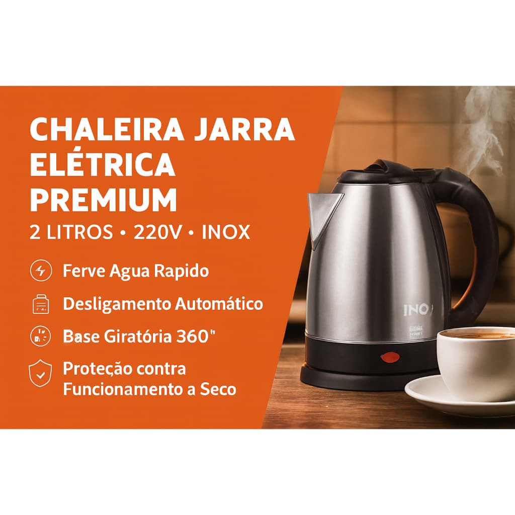 Chaleira Elétrica Jarra Inox 2 Litros 1500W com Desligamento Automático e Base 360° – 220V