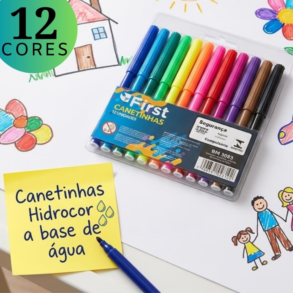 Kit Canetinhas Hidrocor Coloridas 12 Cores a Base de Água p/ Escola Desenho Colorir e Divertir