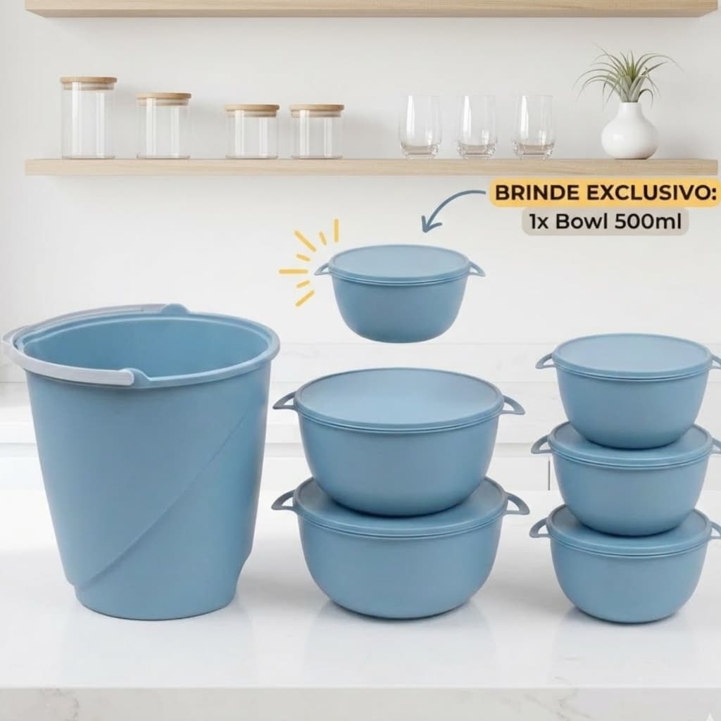 Pote Vasilha de Plástico Cinza Kit 6 Peças + Balde 8L Enxoval Para Casa Cozinha
