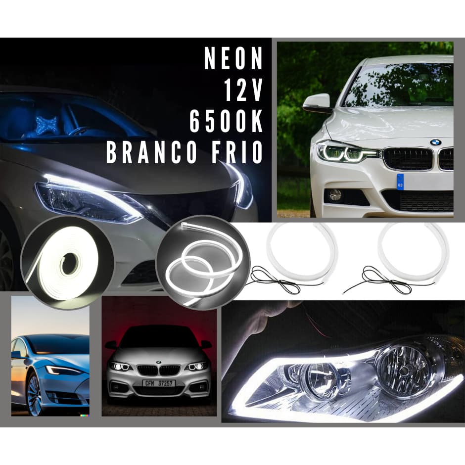 Par Fita Barra Led Drl Neon 12v Flexível Para Farol 60cm Branco Frio