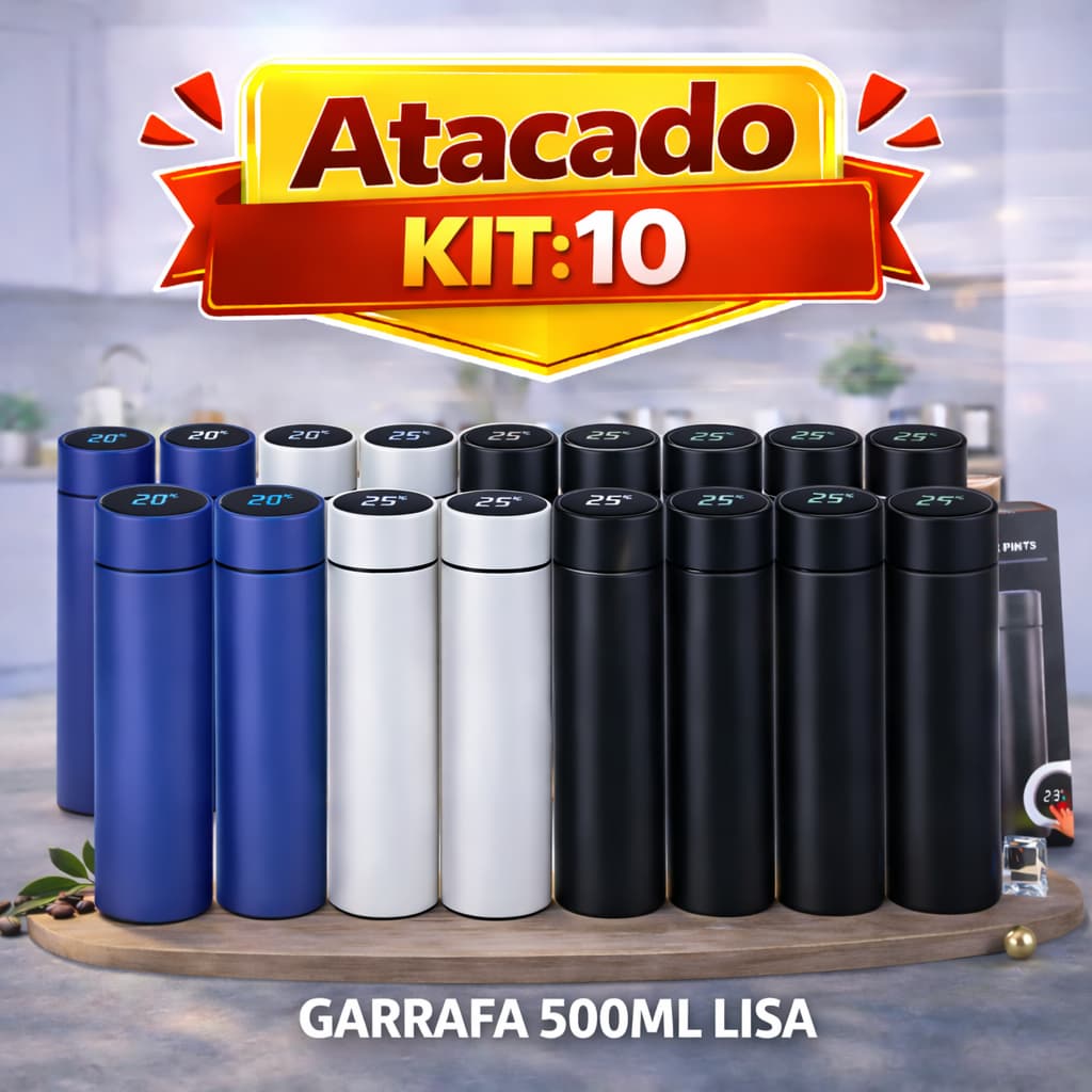 kit 10 Garrafa Térmica Inteligente 500ml Inox – Display LED, Personalizável