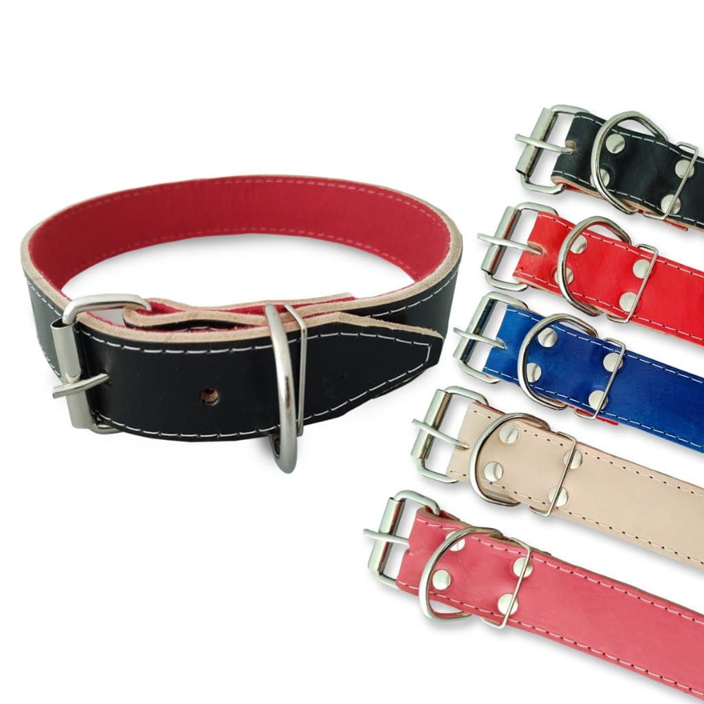 Coleira para Cachorro Couro Forrada Todos os Tamanhos Cor Natural, Azul, Vermelha, Preta e Rosa
