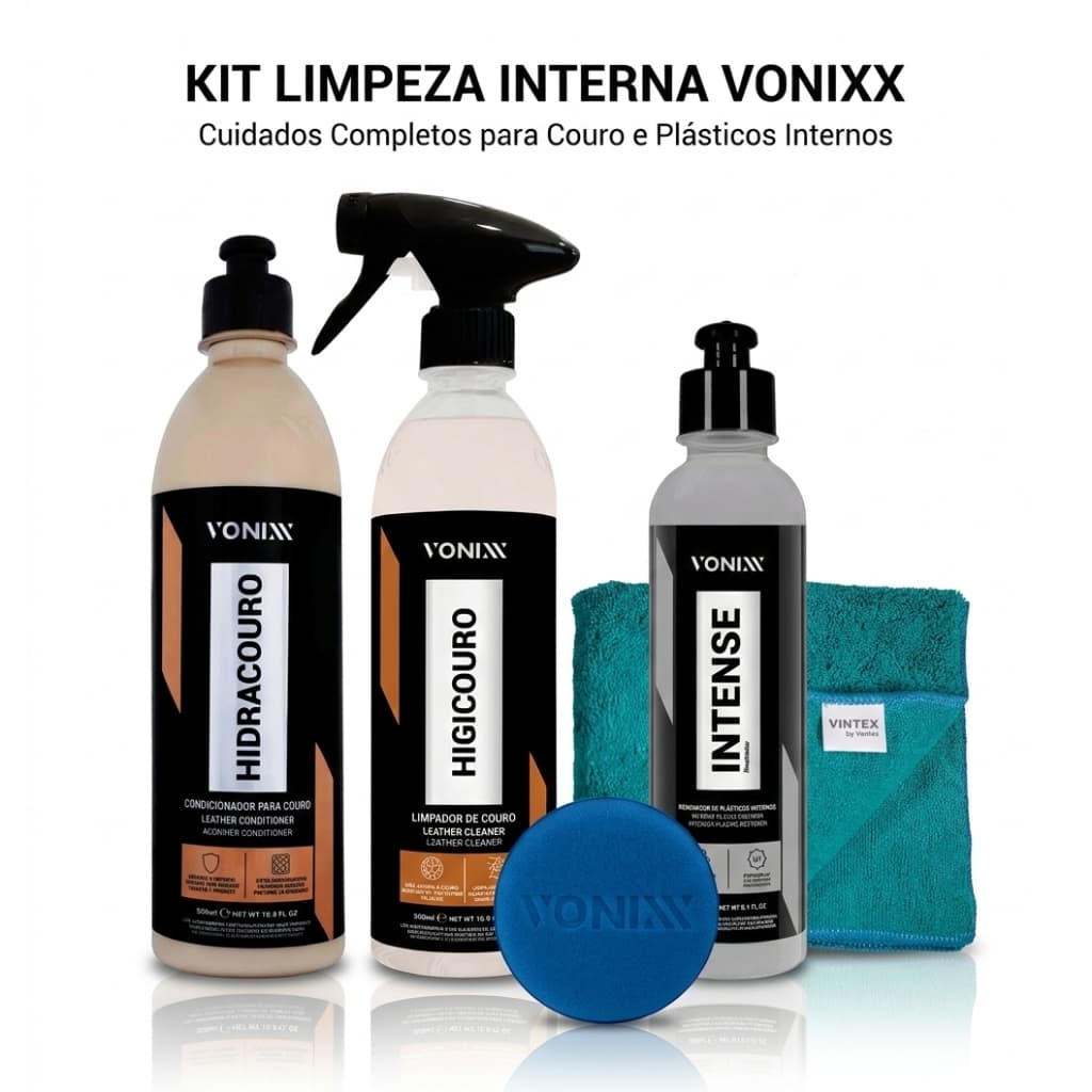 Kit Couro + Plástico Limpeza e Hidratação Automotiva Vonixx – Hidracouro Higicouro Intense Aplicador Toalha Microfibra
