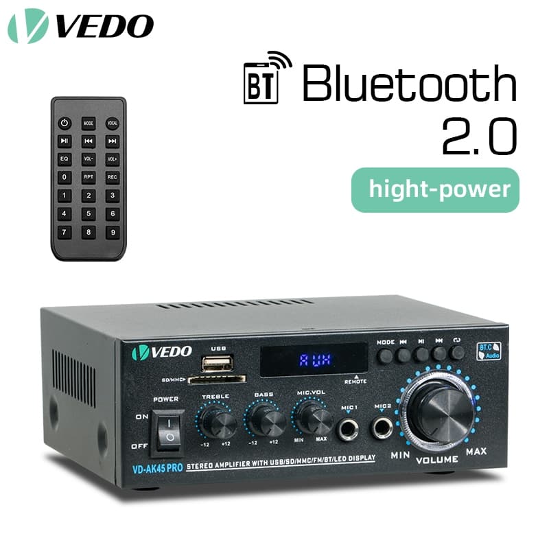 VEDO AK45pro Amplificador De Receptor 400W*2 Bluetooth Com Remoto FM e karaokê 2 Canais Amplificador De Potência Bivolt