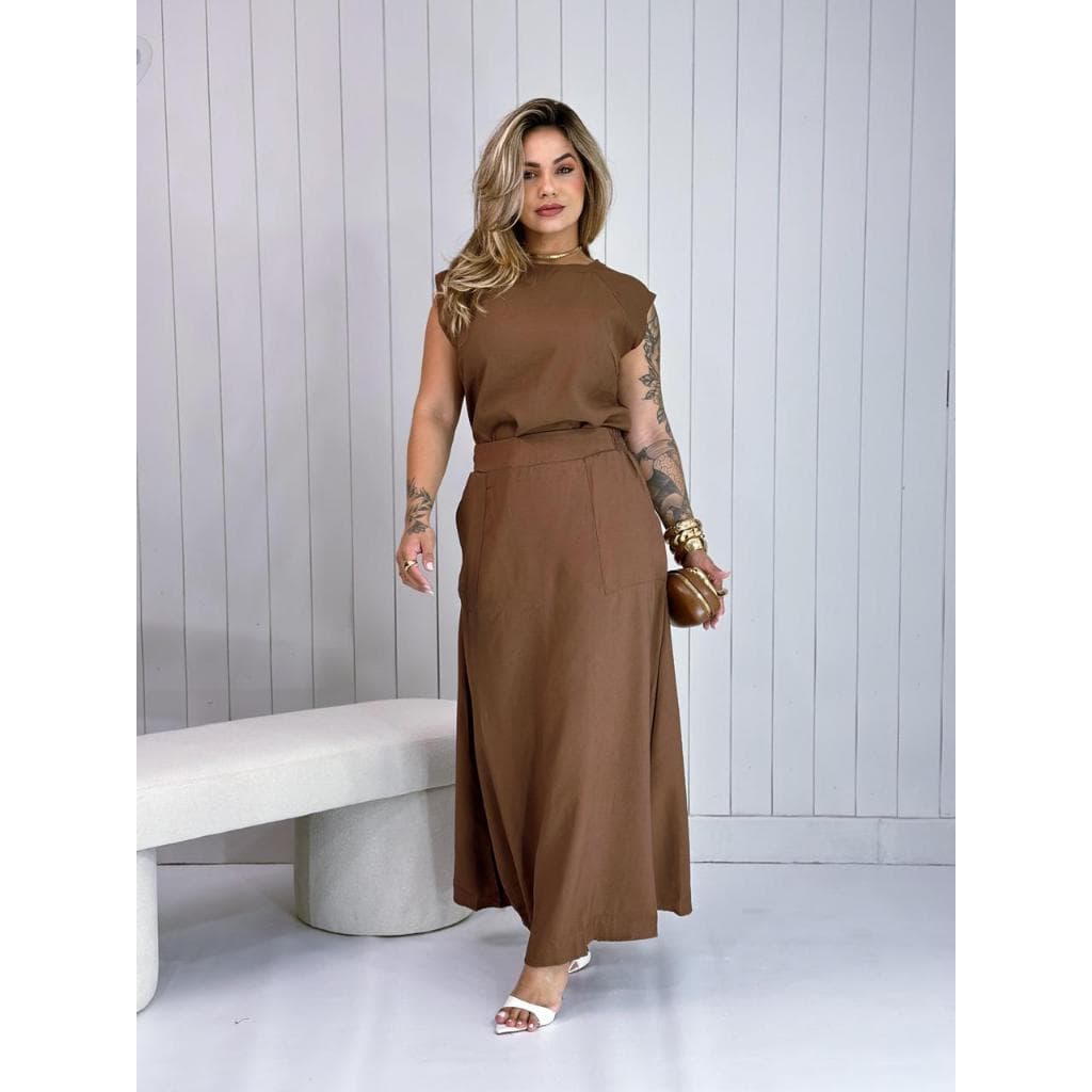 Conjunto Feminino Alfaiataria Blusa Regata + Saia Longa Elegante