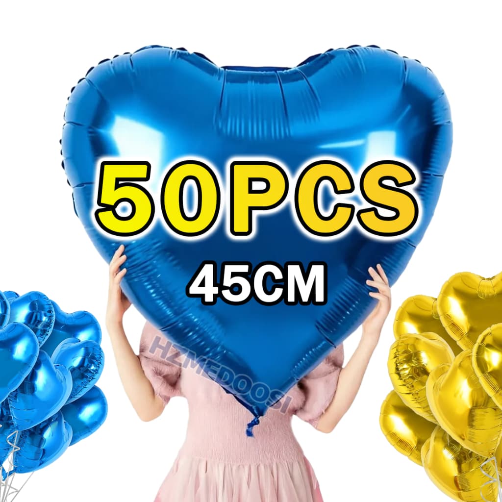MEDOOSI Kit 50 Balões Coração Metalizados Azul + Ouro 45cm - Festa/Decoração