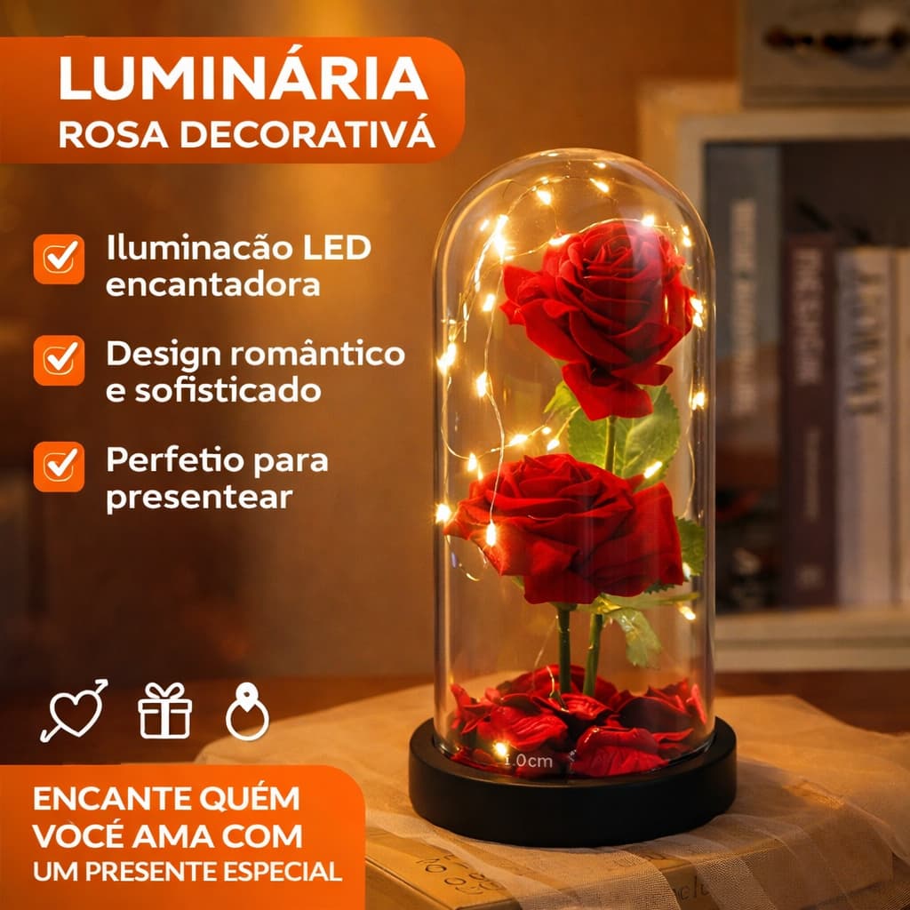 Luminaria Rosa Encantada com Luz LED-Flor Eterna Decorativa em Cúpula de Acrílico