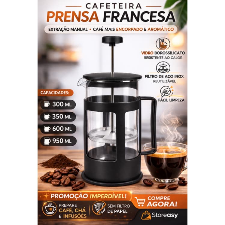 Cafeteira Prensa Francesa 300ml 350ml 600ml 900ml French Press Vidro Borossilicato Filtro Inox Café Manual | Storeasy