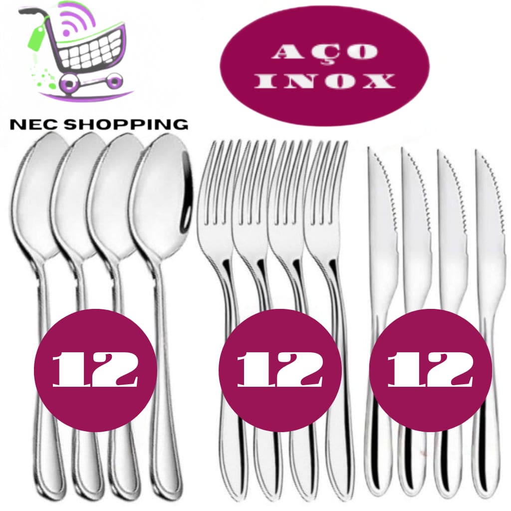 Kit 36 Peças Talheres 100% Inox 12 Garfo 12  Faca 12 Colher Premium Casa Cozinha Restaurante Banquete Resort