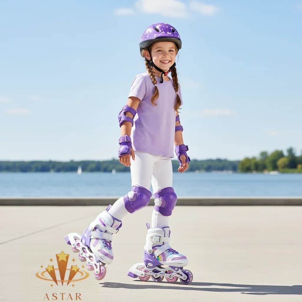 Patins Infantil Inline Roller Ajustável Com Led + Proteção Patins De Criança Menina Roxo Promoção