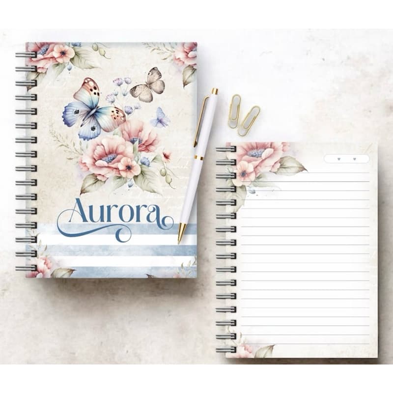 Caderno Personalizado com Nome A5 Capa Dura 100 Folhas Feminino Wire-O com Bolso e Elástico
