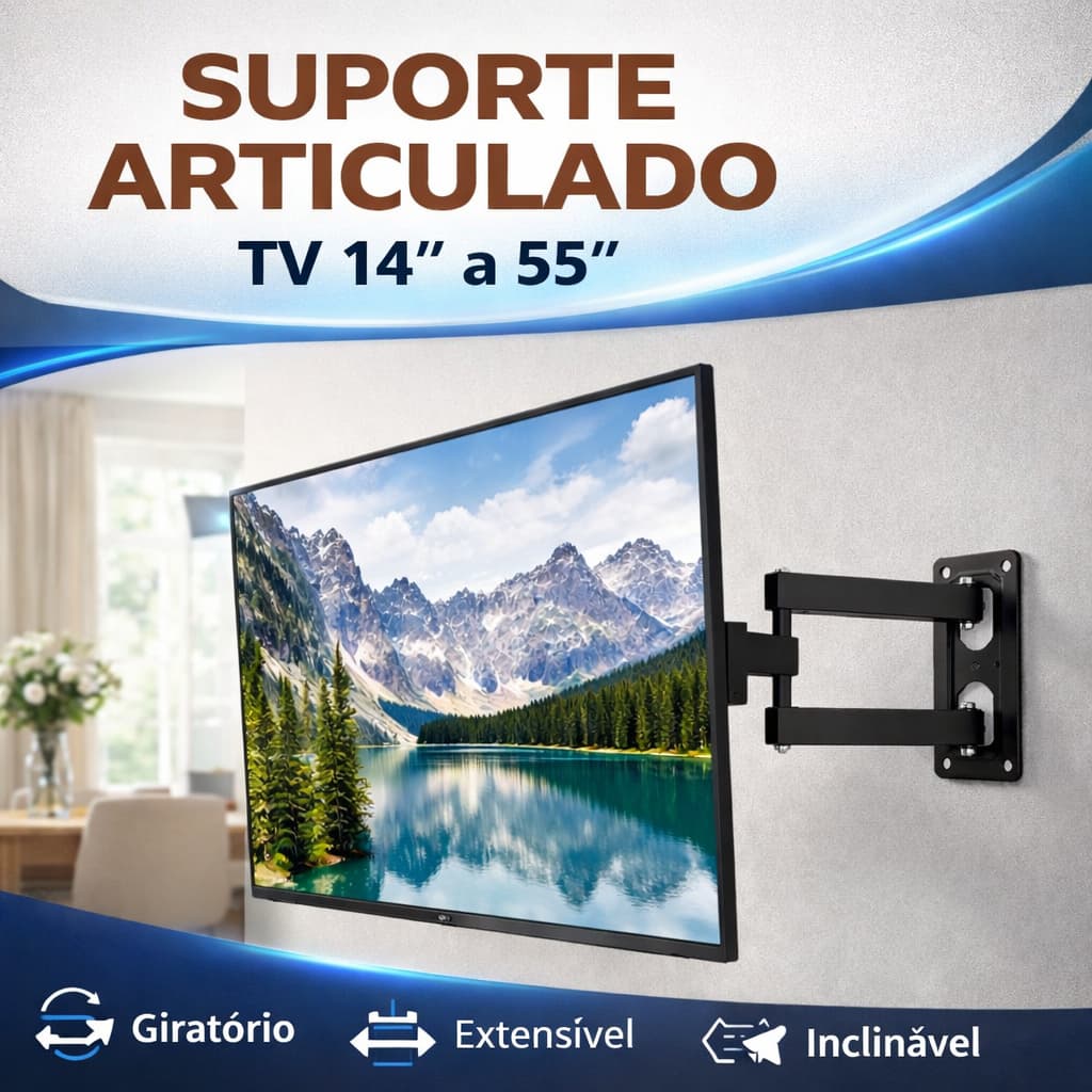 Suporte Articulado TV 14 a 55 Pol Inclinável Para Fixar na Parede Sala Quarto Escritório Até 50kg Reforçado Home Design
