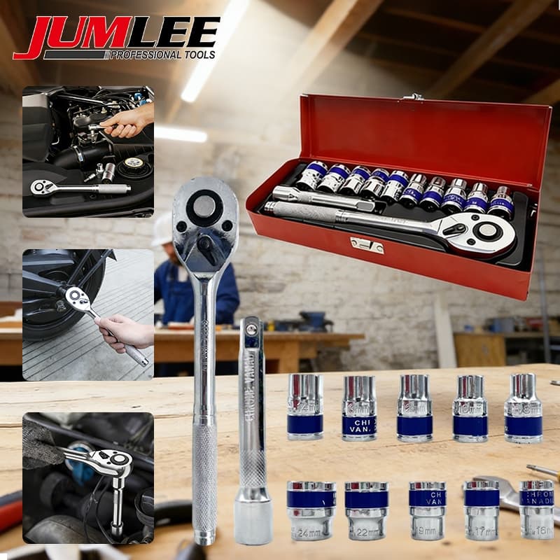 Jogo Kit Soquetes Sextavado e Chave Catraca 1/2 Drive 12 Peças com Extensão e Soquetes 8mm A 24mm