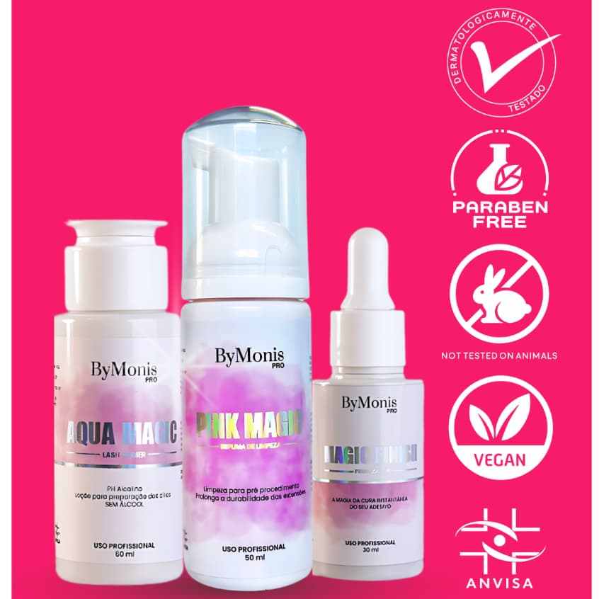 Kit Retenção Pink Magic 50ml By Monis Primer Finalizador Espuma De Limpeza Para Extensão de Cílios