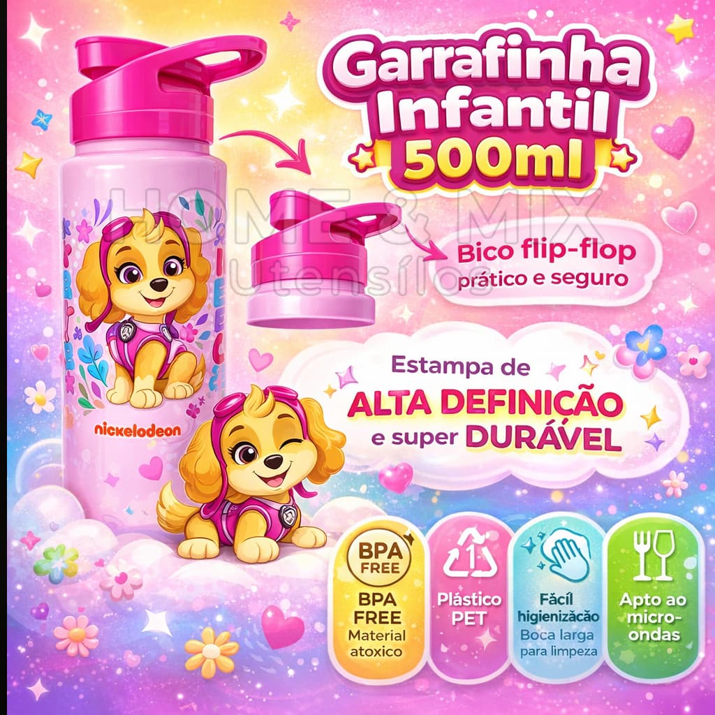 Garrafinha Squeeze De Agua Decorada para Criança Infantil 500ml Lancheira da Patrulha Canina
