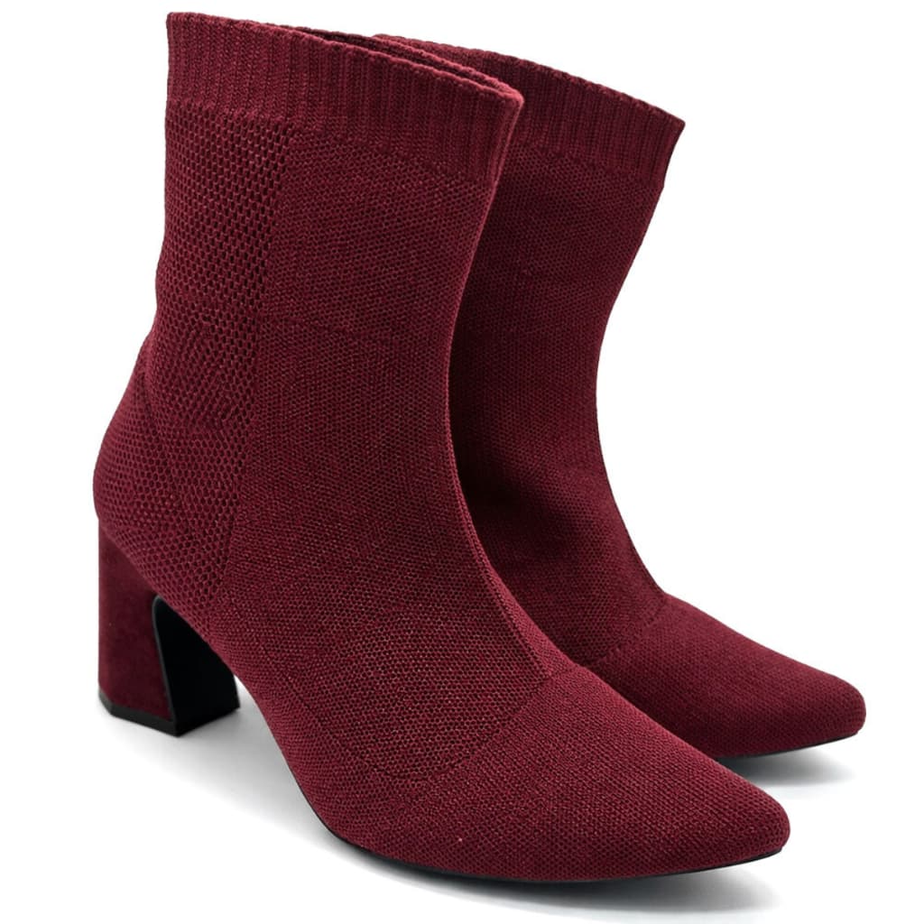 Bota Meia Cano Curto Feminina Alana Salto Alto Bico Fino Vinho