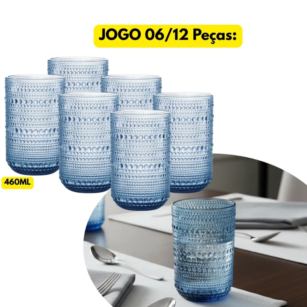 Jogo Kit 06/12 Copos Vidro Grande Azul Redondo Ártico 460ML Servir Água Suco Refrigerante Drinks Bar