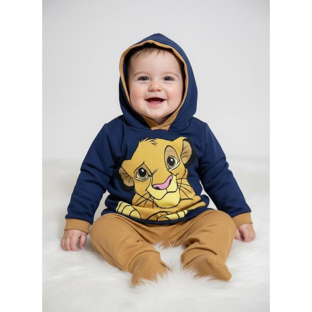 Conjunto Bebê Menino RN Inverno com Capuz Camiseta Manga Longa + Calça Estampa Simba Mickey e Urso RN