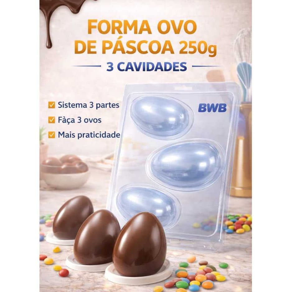 Forma Ovo de Páscoa 250g BWB SP49 3 Partes | Molde Chocolate 3 Cavidades