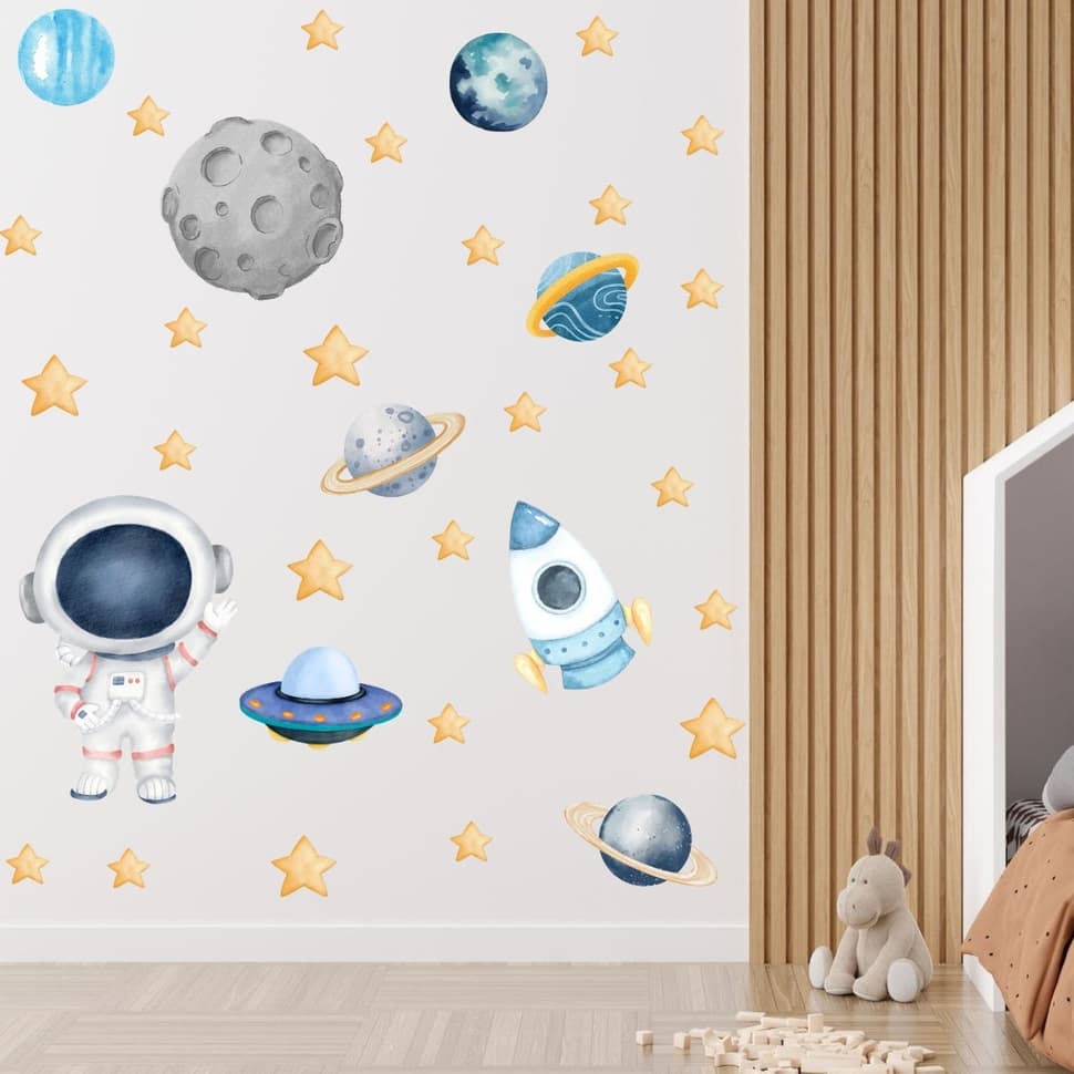 Adesivo de Parede Infantil Personalizado | Universo, Astronauta, Foguete, Planetas e Estrelas