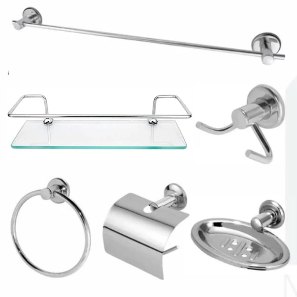Kit Acessórios Standard Cromado Para Banheiro 6 Peças + 1 Porta Shampoo Reto De Vidro 6mm