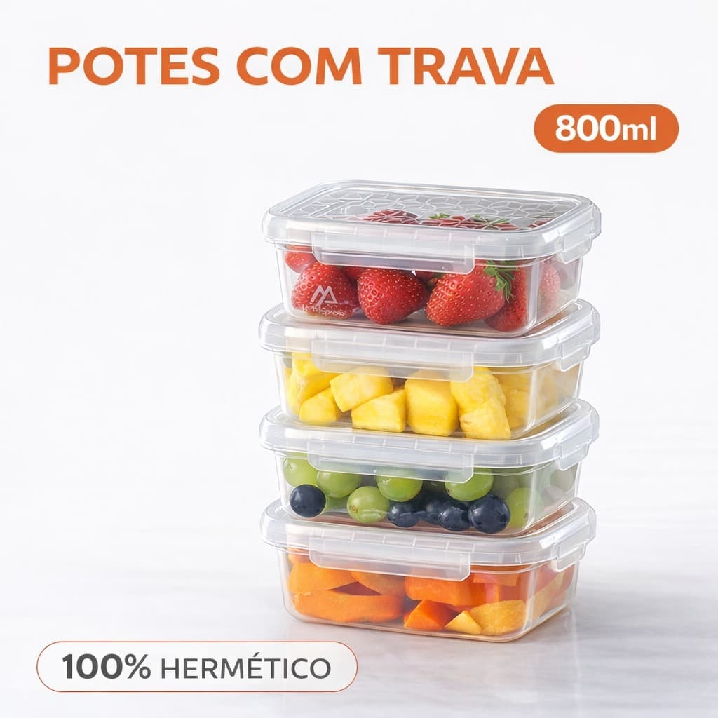 Kit 10 Marmita Potes 800ml Travas Laterais Alimentos Tampa BPA FREE Organizadores vasilhas Microondas