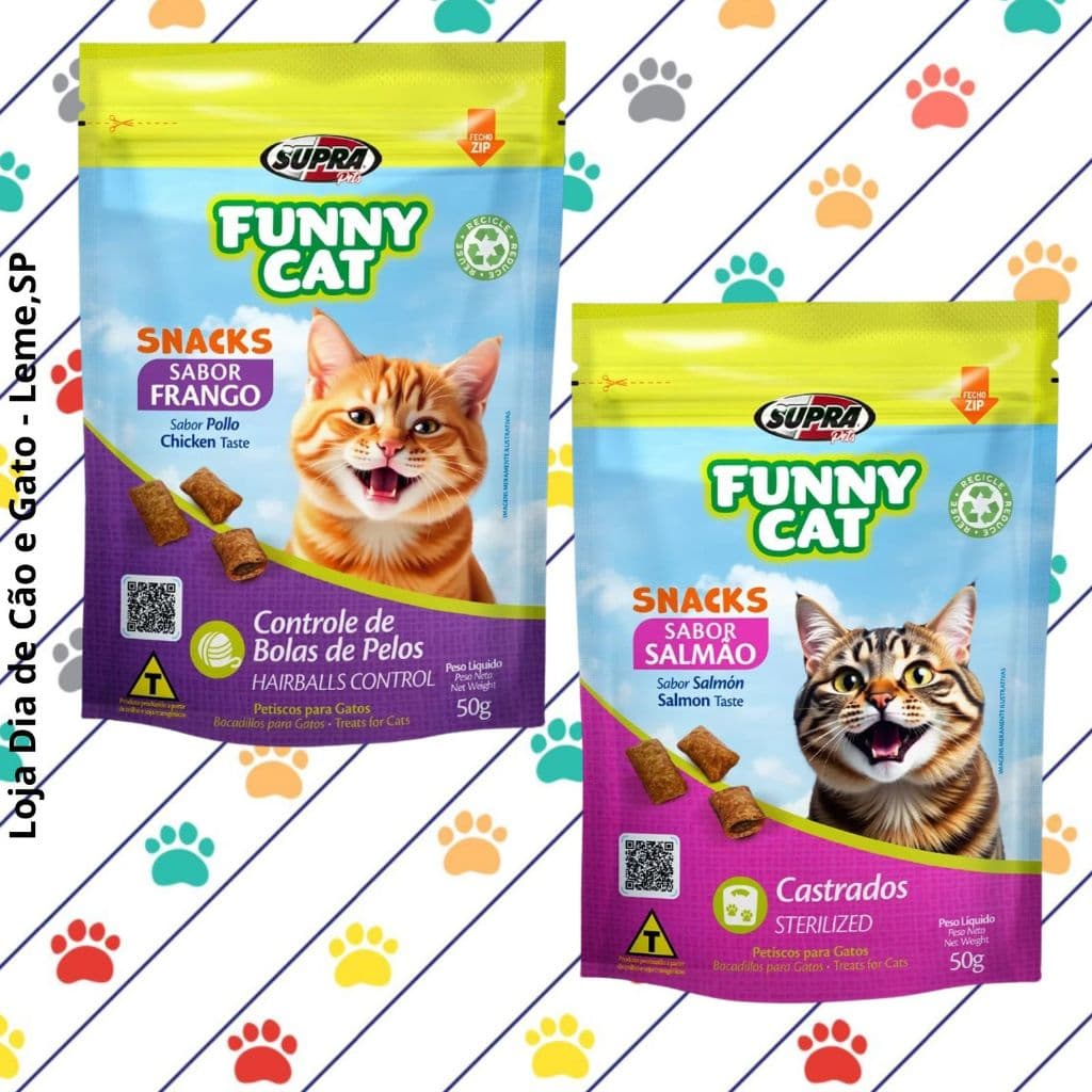 Kit 5 a 25 - FUNNY CAT 50g - Petisco para Gatos similar ao Party Mix (Frango ou Salmão)
