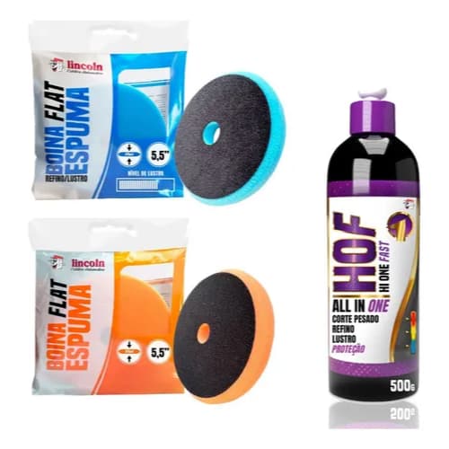 Kit Polimento Lincoln - HOF 4 em 1 + Boina Laranja 5.5 Corte/Refino + Boina Azul 5.5 Refino/Lustro