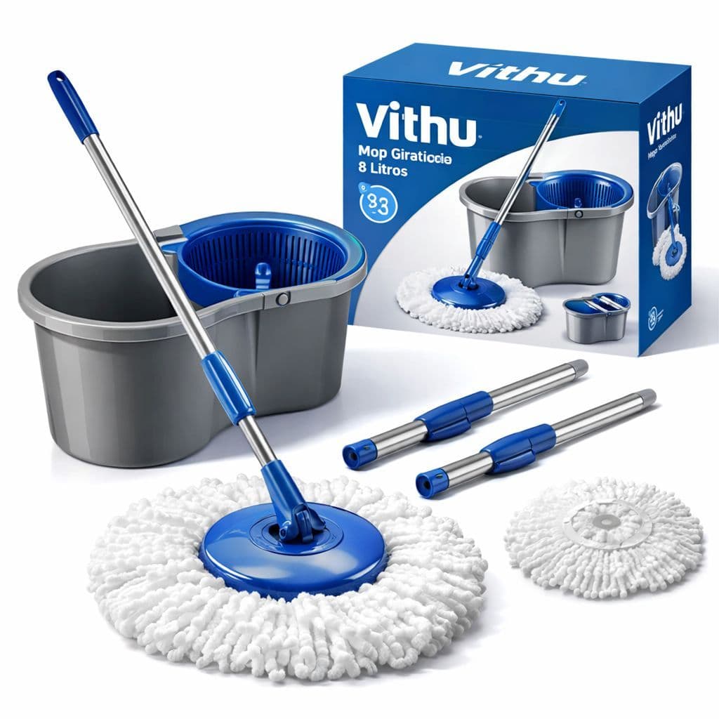 Mop Giratorio 8 Litros Vithu Esfregão Ajustavel Balde Centrifuga Microfibra Dispenser Limpeza