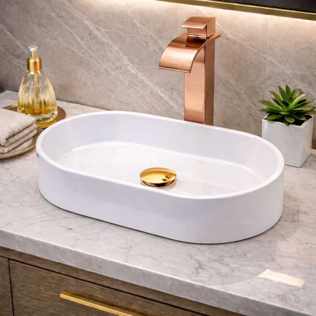 Pia de Banheiro Cuba Sobrepor Lavabo Cantos Redondos Marmore Sintetico 42cm Linha Luxo