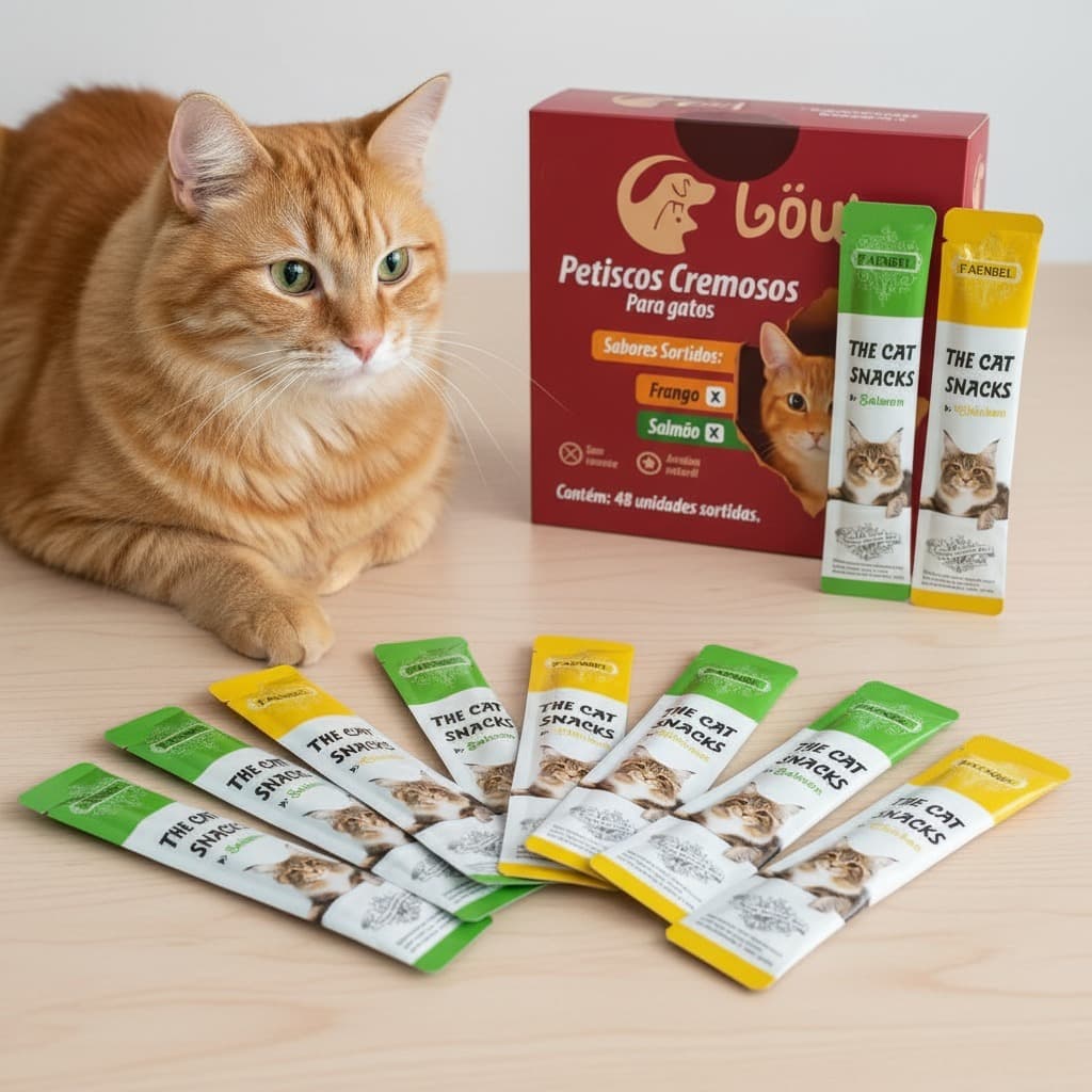 Petisco Cremoso para Gatos 12, 24 ou 48 Unidades 15g cada – Sabor Frango e Salmão