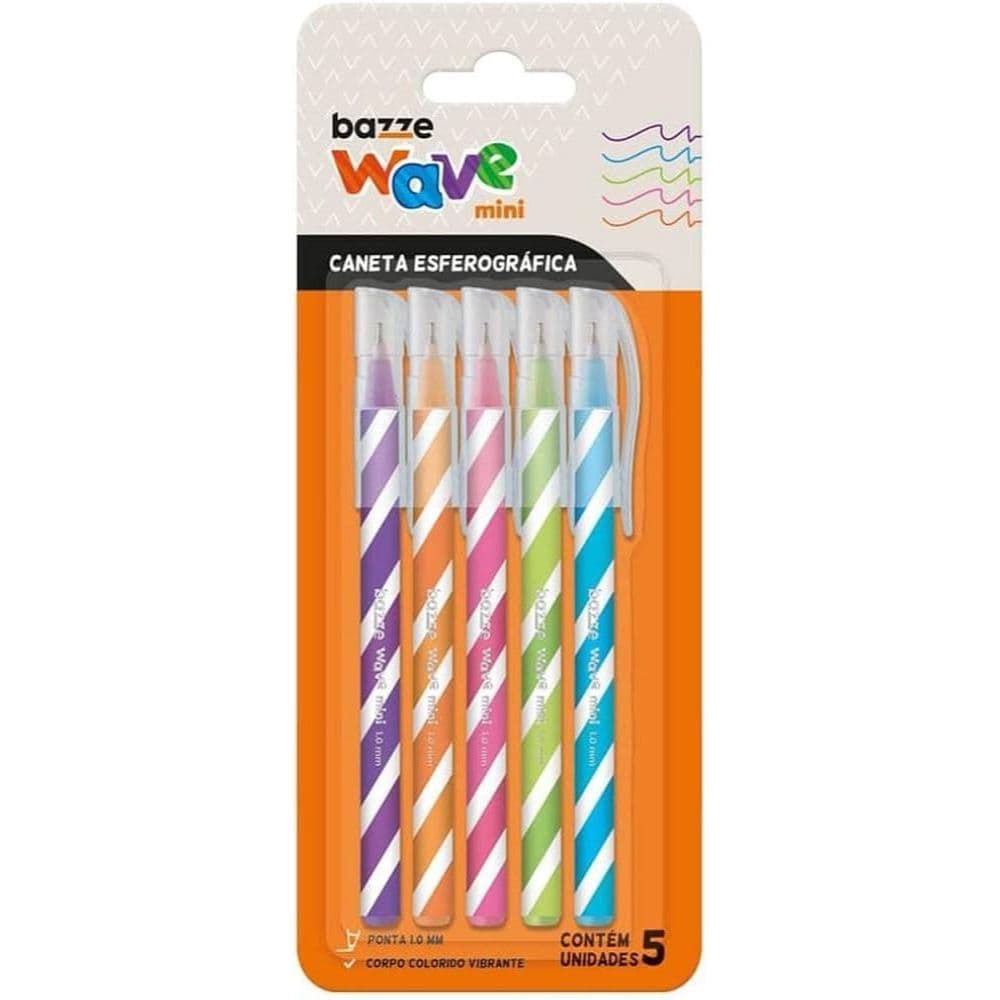 Bazze Kit de Canetas Esferográficas Wave Coloridas Mini 12,5cm 5 unidades