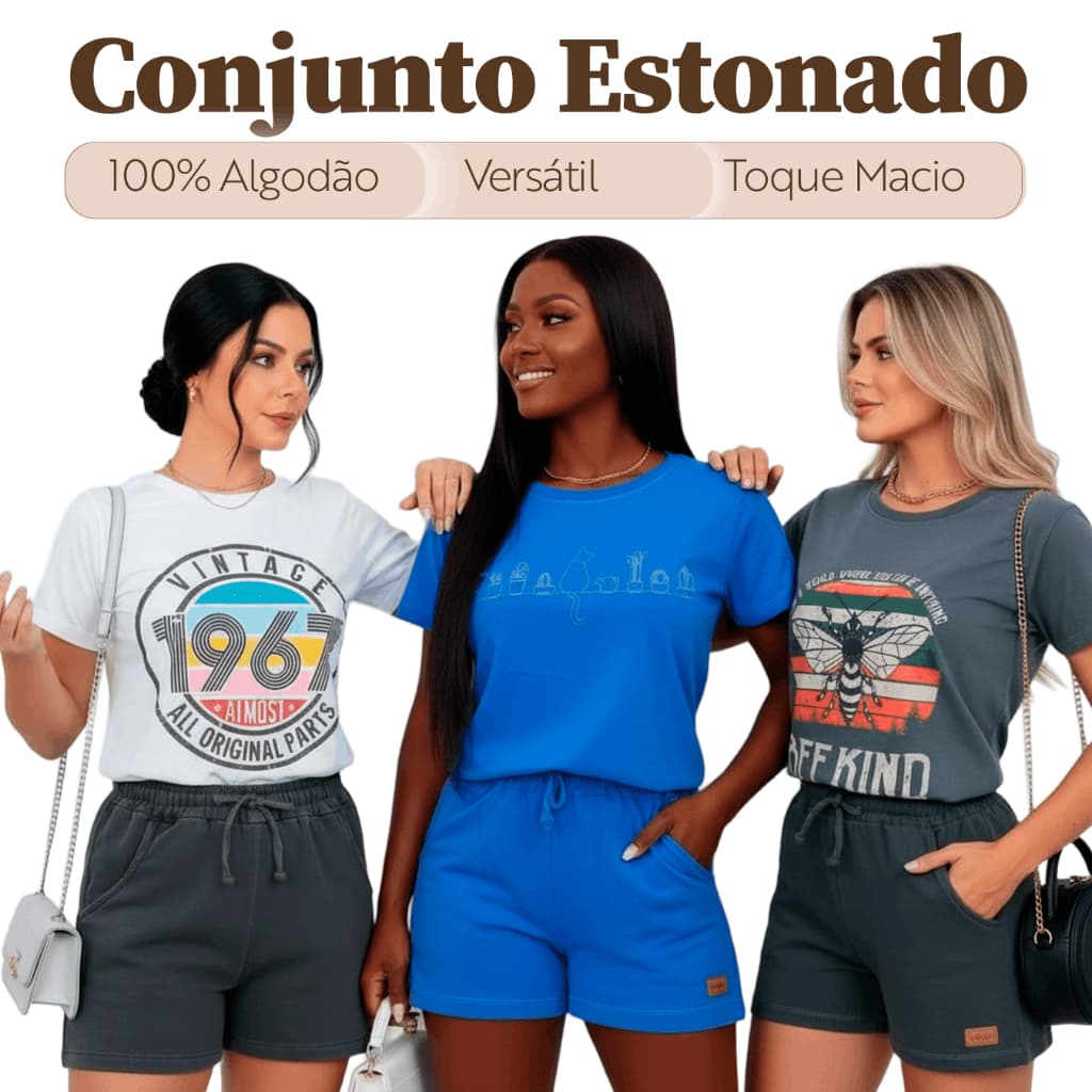 Conjunto Feminino Verão Estonado com Shorts e Camiseta Casual Confortável Look Completo Streetwear Moda Blogueirinha