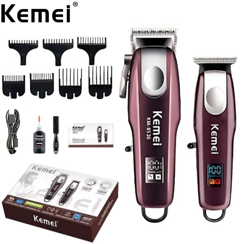 KIT 2 Máquinas de Cortar Cabelo + Acabamento Kemei Original profissional Recarregável KM-8526 BIVOLT