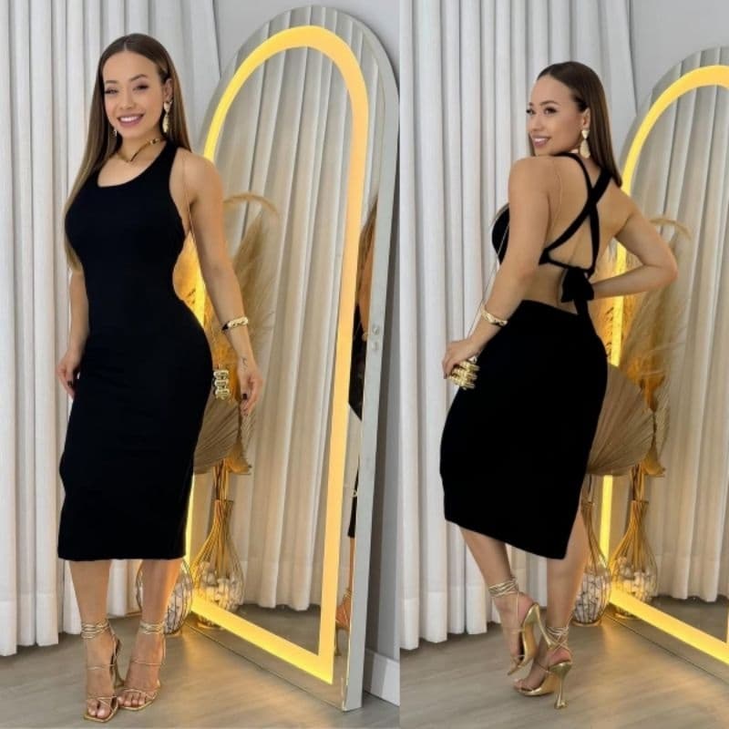 Vestido Rebeca midi veste 36 ao 42 com fenda verão tubinho com amarração nas costas canelado