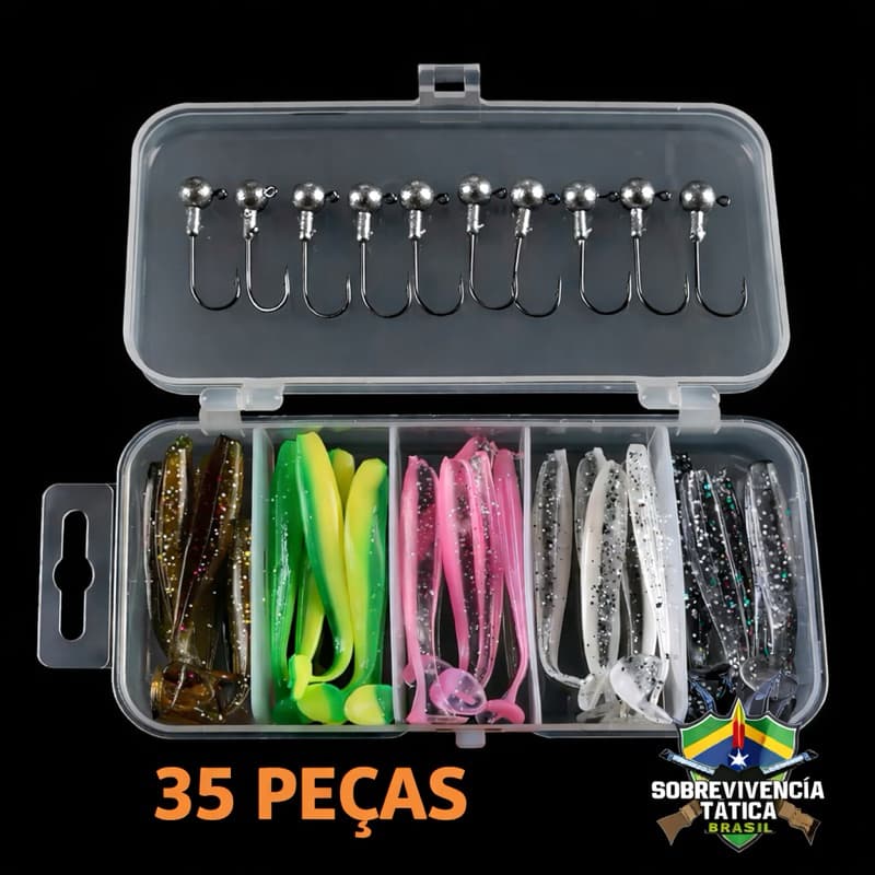 Kit de Iscas Artificiais Soft + Anzóis Jig Head 3,5g – 35 Peças para Pesca Esportiva