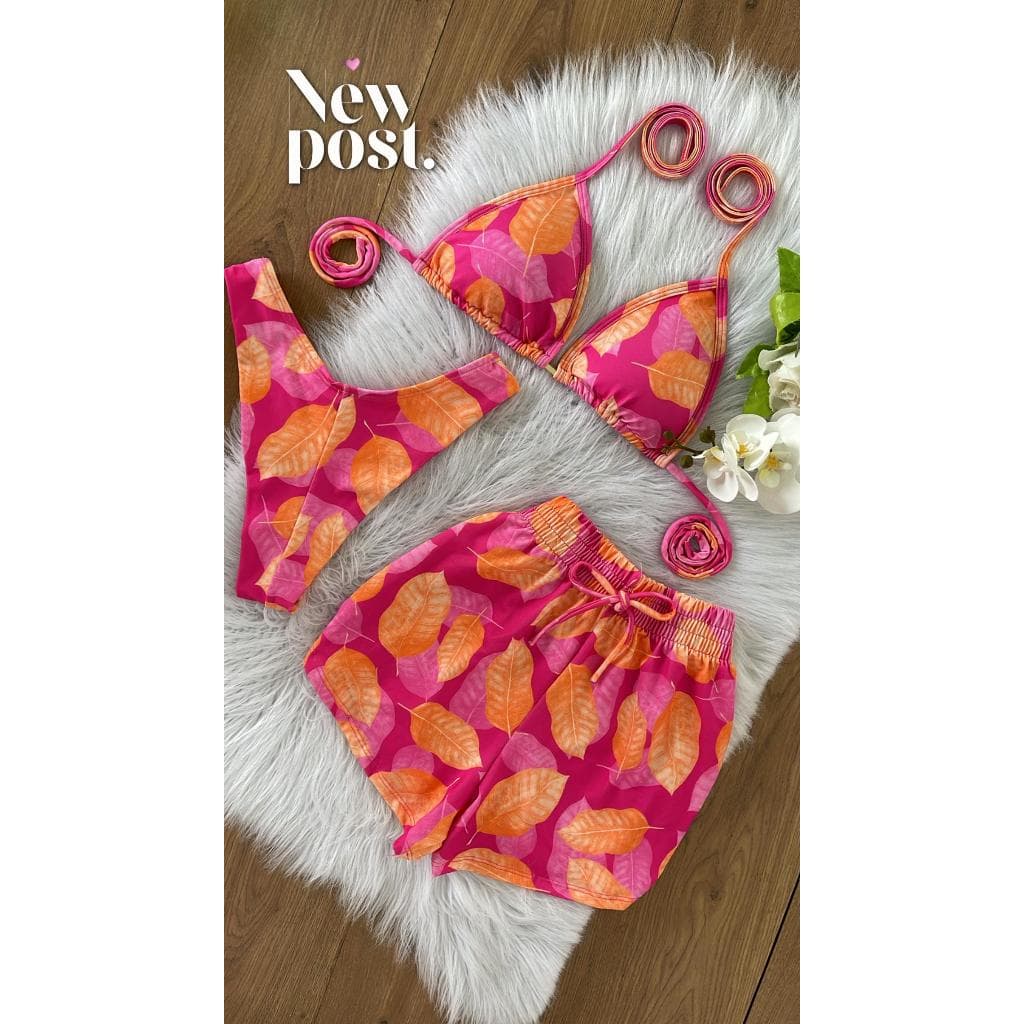 Conjunto Biquíni Cortininha + Shortinho | Look Feminino Praia Colorido Verão Estiloso Folhagem Laranja com Rosa