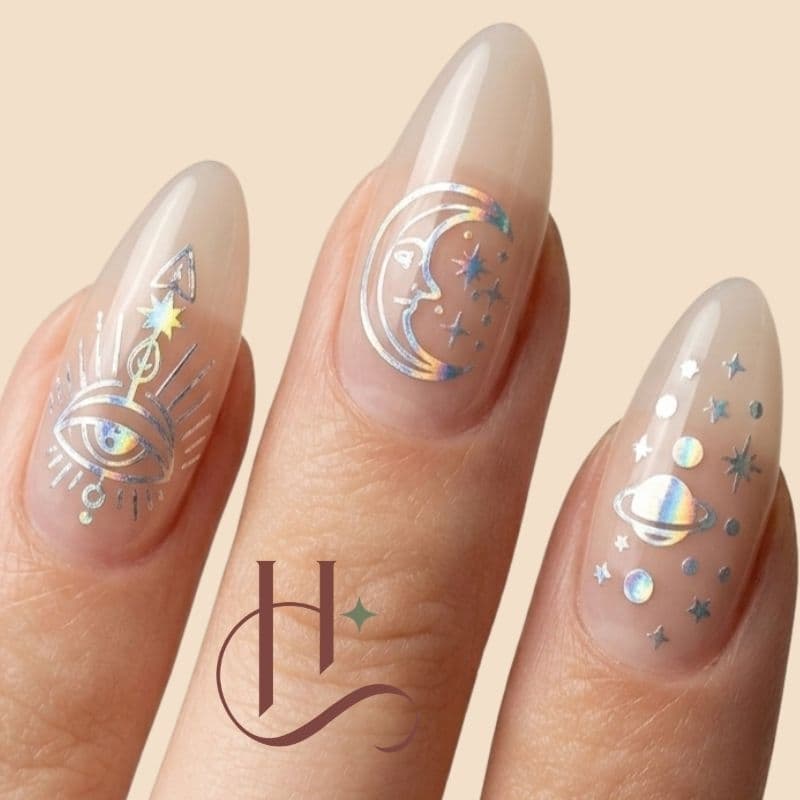Adesivos de unha Prata Nail art sol lua celestial planetas galáxia alternativo gótico celeste y2k