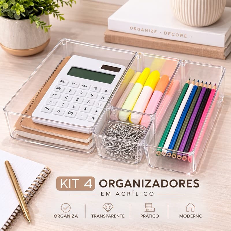 Kit com 4 Organizadores em Acrílico Transparente – Organizador de Gaveta para Escritório, Maquiagem e Cozinha
